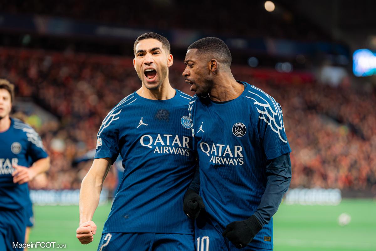 Hakimi et Dembélé célèbrent un but avec le PSG